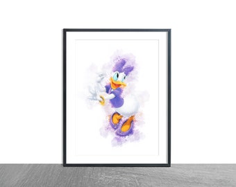 Disney Daisy Duck Watercolour Effect Wall Art Print Children Kids Nursery Bedroom Decor Personalised gift Poster