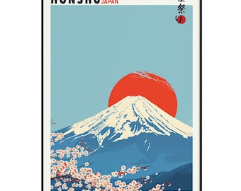 Mount Fuji Japan Travel Poster – Retro Vintage Japanese Art Print, Honshu Landscape with Red Sun & Cherry Blossoms