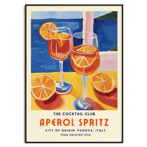Lámina de arte mural de Aperol Spritz, póster de The Cocktail Club, decoración de bar moderna, arte de cocina, ilustración de bebida vibrante, arte de cócteles italianos
