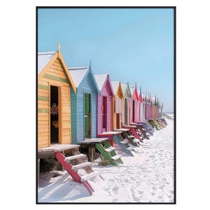 Rainbow Beach Huts Wall Art Print – Colorful Coastal Poster, Summer Seaside Decor