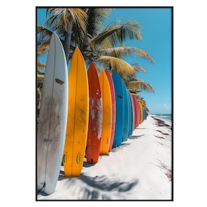 Surfbrett Strand Poster – Tropische Küsten Wandkunst – Buntes Surf Fotografie Poster – Sommer Ozean Dekor
