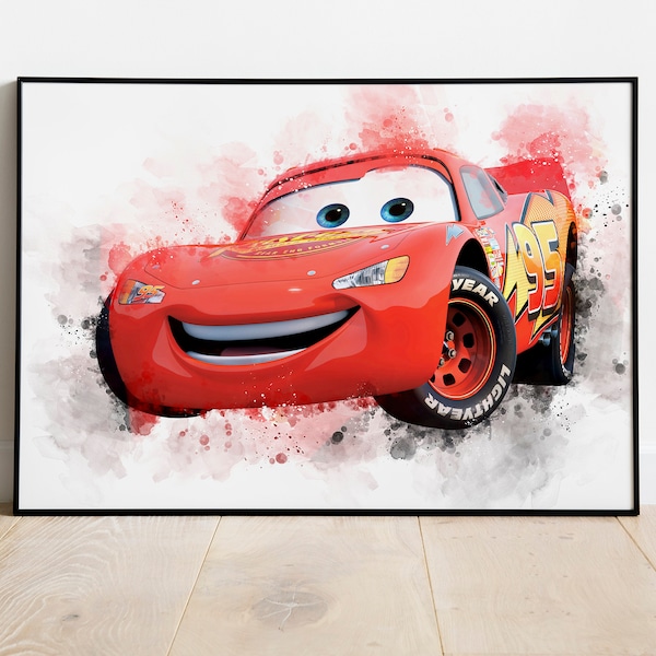 Disney Cars Lightening McQueen Watercolour Effect Wall Art Print Decor Bedroom Poster Personalised gift