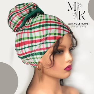 High Bun Scrub Cap, Stretchy Surgical Cap  with Scrunchies, Christmas, MiracleKaps