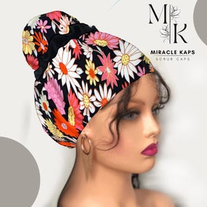 High Bun Scrub Cap, Stretchy Surgical Cap  with Scrunchies, Daisy Fall, MiracleKaps