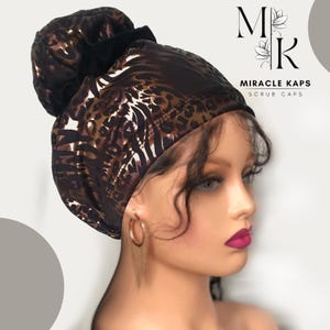 High Bun Scrub Cap, Stretchy Surgical Cap  with Scrunchies, Foil Holographic bronze, MiracleKaps