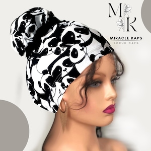 High Bun Scrub Cap, Stretchy Surgical Cap  with Scrunchies, Panda, MiracleKaps