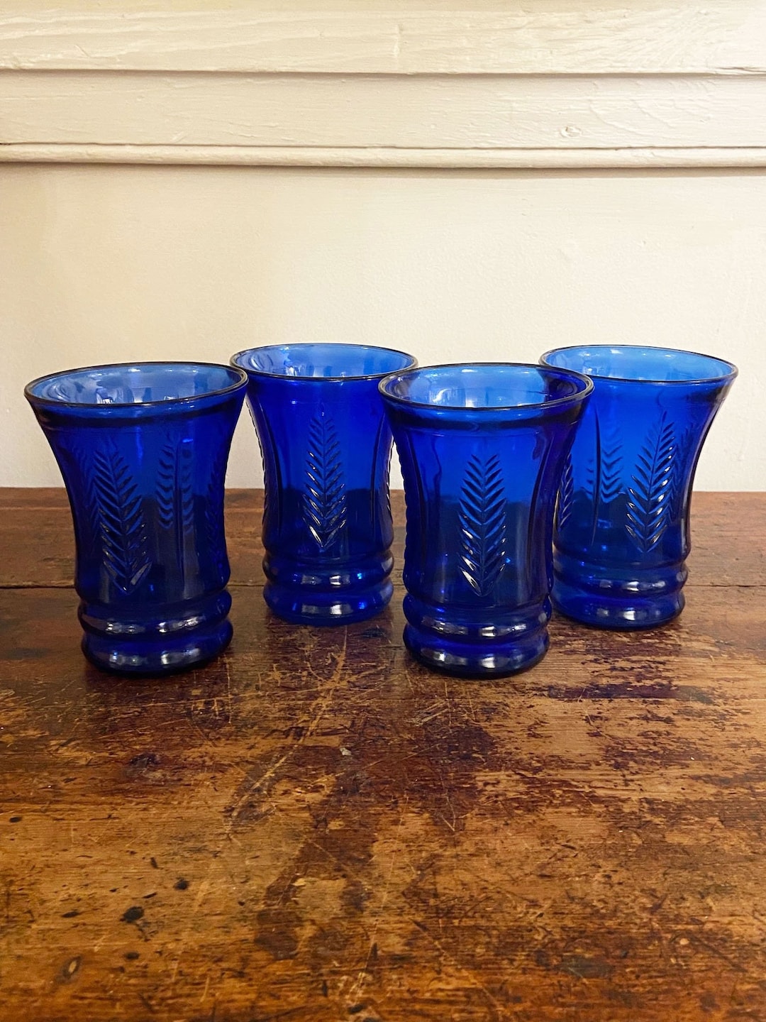 Vintage Set of 4 Maryland Glass Company Feather Blue Drinking Etsy