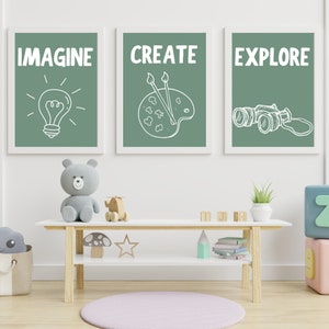 Positive Children Wall Art Set of 3, Imagine Create Explore Wall Print, Neutral Children Print, Nursery Print, Digital Download, PDF