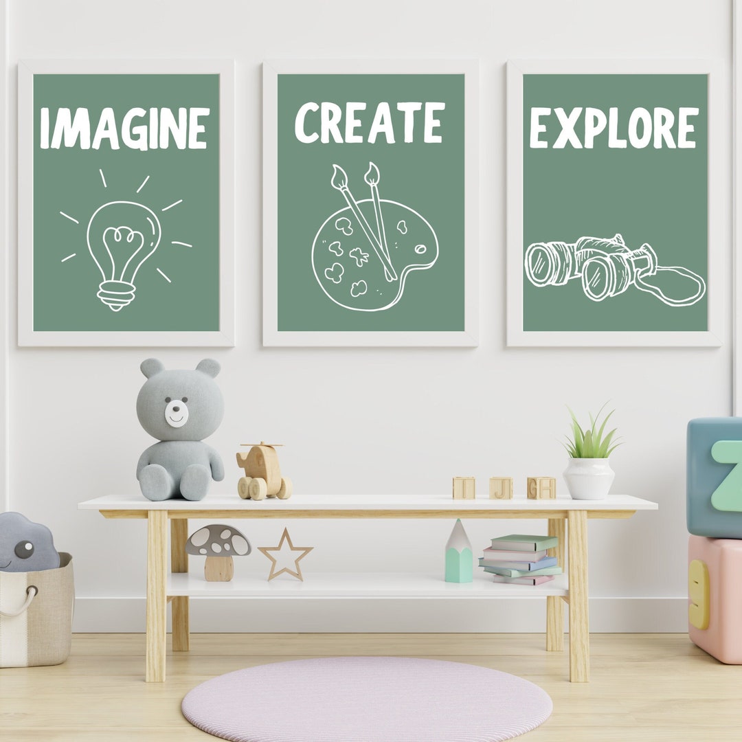 Positive Children Wall Art Set of 3, Imagine Create Explore Wall Print ...