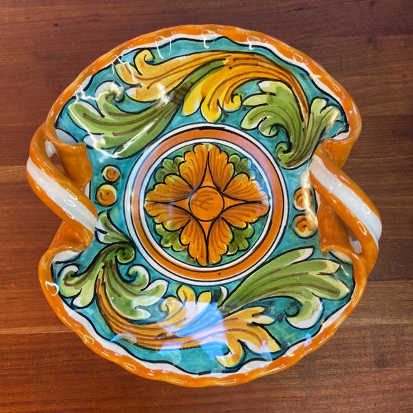 Italian Dell Aquila Caltagirone Handpainted Ceramic Blue Orange Green Trinket Dish with Curly Handles