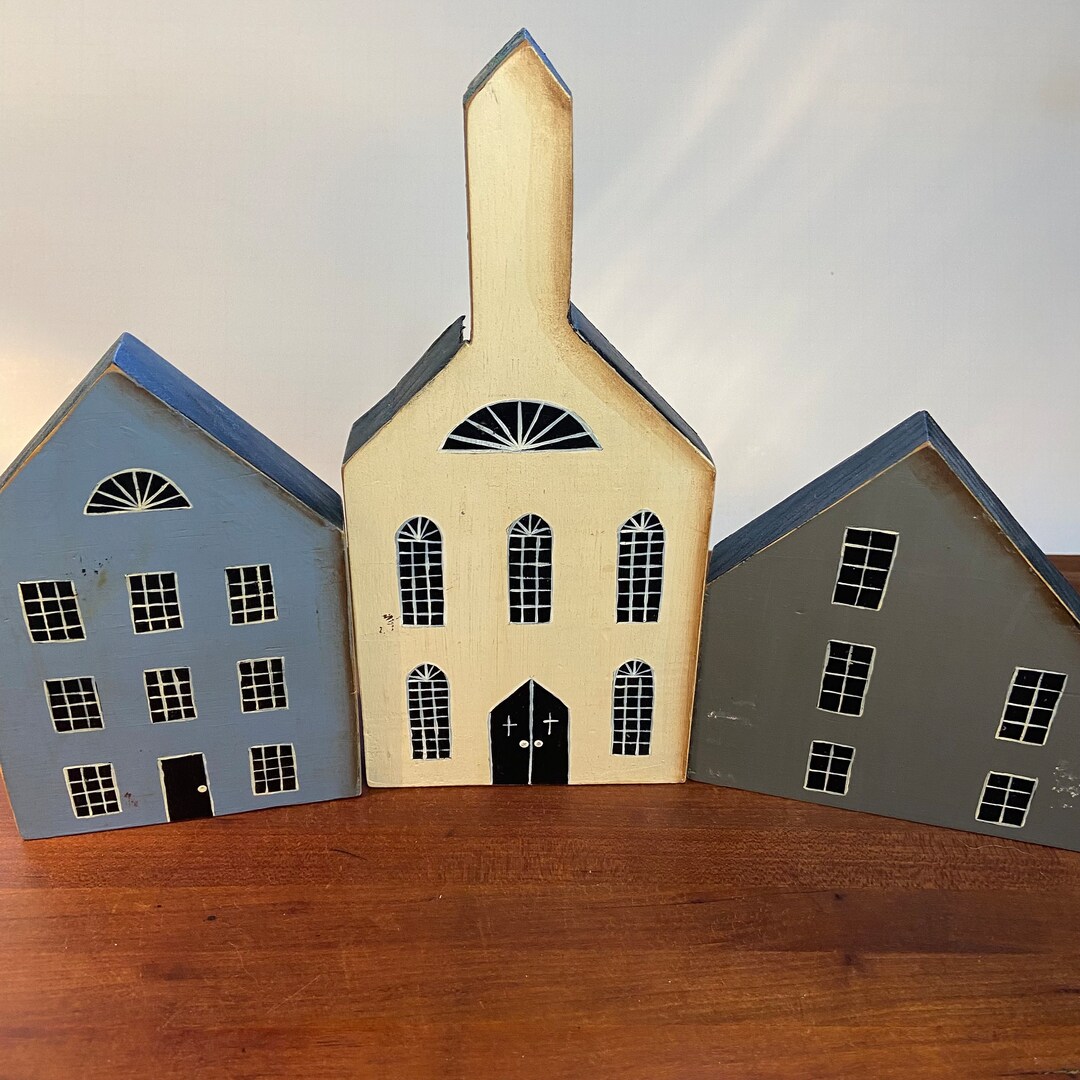 Primitive Wood Block Hand Painted Houses Etsy