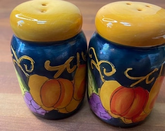 Set of Hand-Painted Ceramic Fall Motif Pumpkin Round Salt and Pepper Shakers