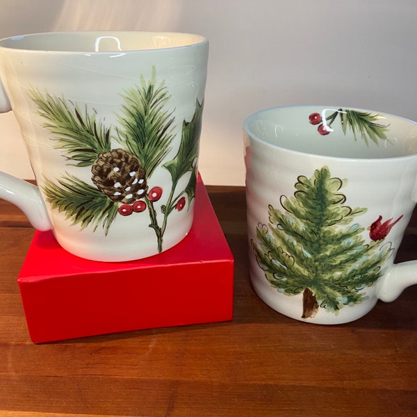 Pair of Ceramic Winter-Themed Fir Tree and Cardinal Large Mugs