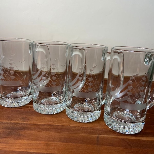 Set of 4 Etched and Frosted Nautical Ship Glass Beer Mugs