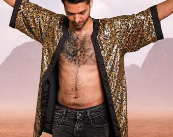 Reversible Iridescent Rave Kimono, gold kimono with inner pockets, burning man outfit