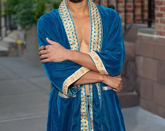 Reversible Teal Velvet Kimono, Kimono robe, festival robe, festival jacket, velvet robe - Sky