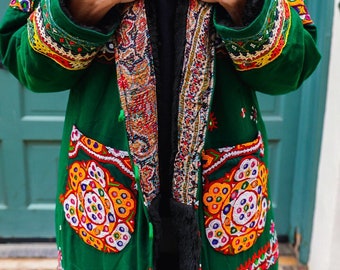 Green fur lined coat, green kimono, burning man clothing womens, winter kimono coat Rare, #86