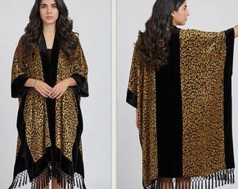Velvet Kimono, Leopard Burnout Duster, Festival Robe, Long Cardigan Cover Up with Tassels, Leopard Jacket