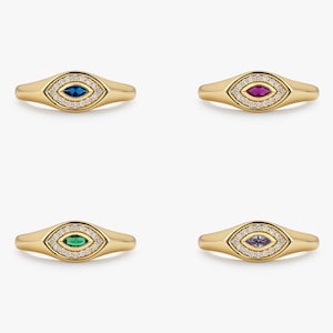 Evil Eye Birthstone Ring, Gold Birthstone Stacking Ring, Dainty Birthstone Ring