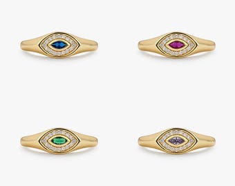 Evil Eye Birthstone Ring, Gold Birthstone Stacking Ring, Dainty Birthstone Ring
