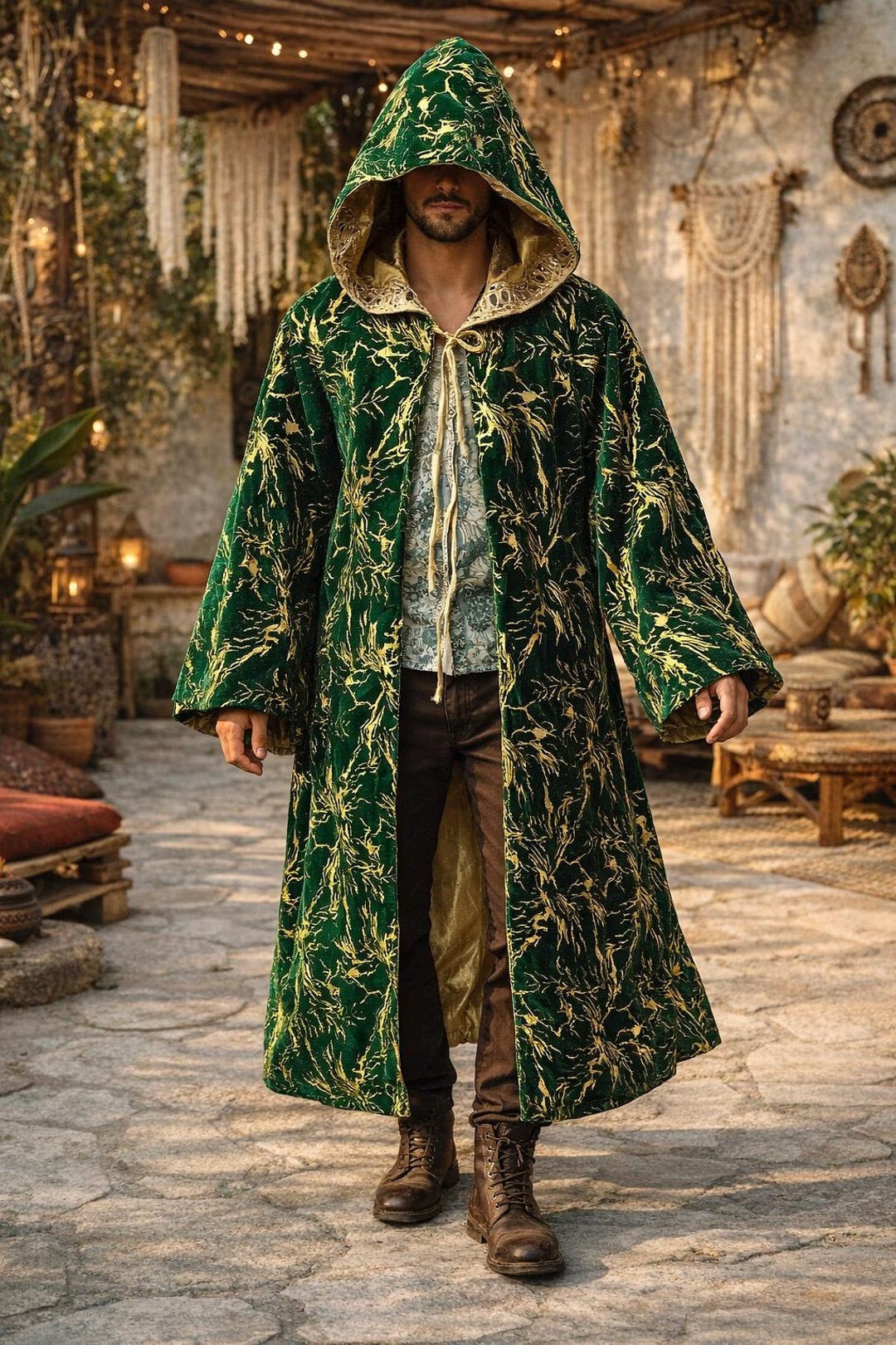Traditional Wizard Robe Reversible Wizard Robe With Hood and Sleeves, Green and Gold Cloak ...