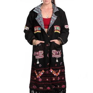 Black Wool Fur lined Coat, winter kimono coat, burning man clothing, statement jacket, StandAwt #65