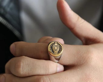 Evil Eye Signet Ring, Engraved Signet Ring, Mens Silver Gold Black Signet Ring, Mens Jewelry