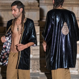 Reversible Rave Kimono with pockets, Black and Gold Kimono, Festival Cloak, Rave Cardigan, burning man outfit
