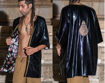 Reversible Rave Kimono with pockets, Black and Gold Kimono, Festival Cloak, Rave Cardigan, burning man outfit