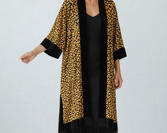 Velvet Kimono – Leopard Burnout Duster – Festival Robe – Long Cardigan Cover Up with Tassels, Leopard Jacket