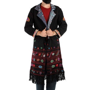 Black Wool Fur lined Coat, winter kimono coat, burning man clothing, statement jacket, StandAwt #45
