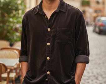 Brown Velvet Shirt with luxury buttons - Velvet Jacket, classic velvet shirt . Spring, fall, winter shirt. Velvet clothing for men and women