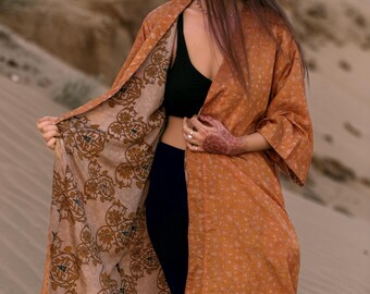 Omkeerbare goudbeige zijden sari-kimono, vintage upcycled kleding - Playa