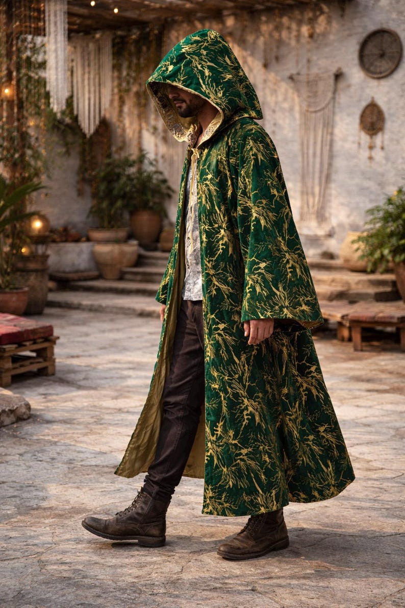 Traditional Wizard Robe Reversible Wizard Robe With Hood and Sleeves, Green and Gold Cloak ...