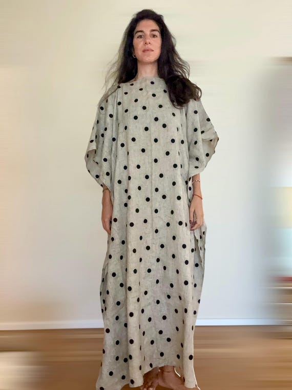 100% Linen Full Length Kaftan, Loose-Fitted Caftan, Luxurious Maxi Dress with Polka Dot Embroidery, Gifts, Maternity, Vacation