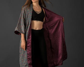 Reversible Green Purple Silk Saree Kimono, Vintage Upcycled Clothing - Mystiquer