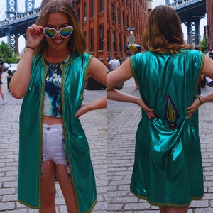 Reversible green Rave Kimono, Floral Kimono with pockets, burning man outfit, Festival Cloak, Rave Cardigan