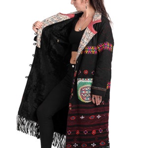 Black Wool  Fur lined Coat, winter kimono coat, burning man clothing, statement jacket, StandAwt #100