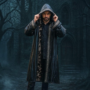Reversible Wizard Robe with hood and sleeves, Black and Gold Cloak, Adult Celtic Robe, halloween costume