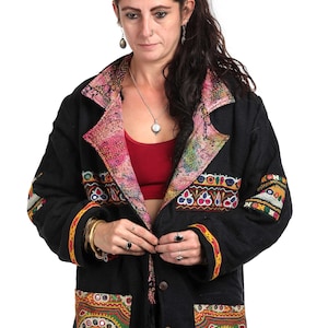 Black Wool Fur lined Coat, winter kimono coat, burning man clothing, statement jacket, StandAwt #83