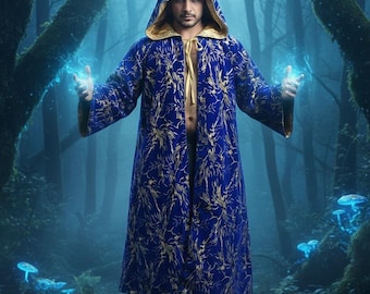 Reversible Wizard Robe with hood and sleeves, Blue and Gold Cloak, Adult Celtic Robe, halloween costume