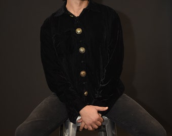 Black Velvet Shirt with luxury buttons, Velvet Jacket, classic velvet shirt. Spring, fall, winter shirt. Velvet clothing for men and women