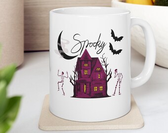Horror Halloween Haunted House 11 oz Ceramic Mug with Spooky Skeletons and Eerie Bats - Perfect Halloween Decor and Gift