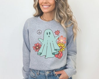 Retro Ghost Sweatshirt: Groovy Halloween Floral Peace Sign