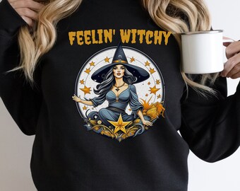 Witchy Sweatshirt with Starry Surroundings - 'Feelin' Witchy' Enchanting Apparel for a Magical Vibe - Vintage Halloween  Autumn Sweater