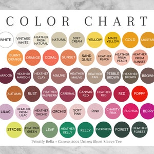 May include: Color chart with 36 different color swatches, each with a name. The colors include white, vintage white, natural, soft cream, yellow, maize yellow, gold, mustard, burnt orange, orange, coral, sunset, sand dune, heather peach, heather prism peach, heather prism sunset, maroon, heather maroon, heather clay, mauve, heather mauve, heather tan, pebble brown, heather brown, brown, autumn, rust, heather raspberry, cardinal, canvas red, heather red, red, poppy, lilac, heather prism lilac, heather orchid, orchid, soft pink, pink, charity pink, fuchsia, berry, strobe, heather green, leaf, heather kelly, kelly, evergreen, forest, heather forest.