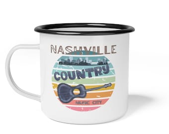 Nashville Country Music Enamel Mug: Guitar Graphic, Music City Gift