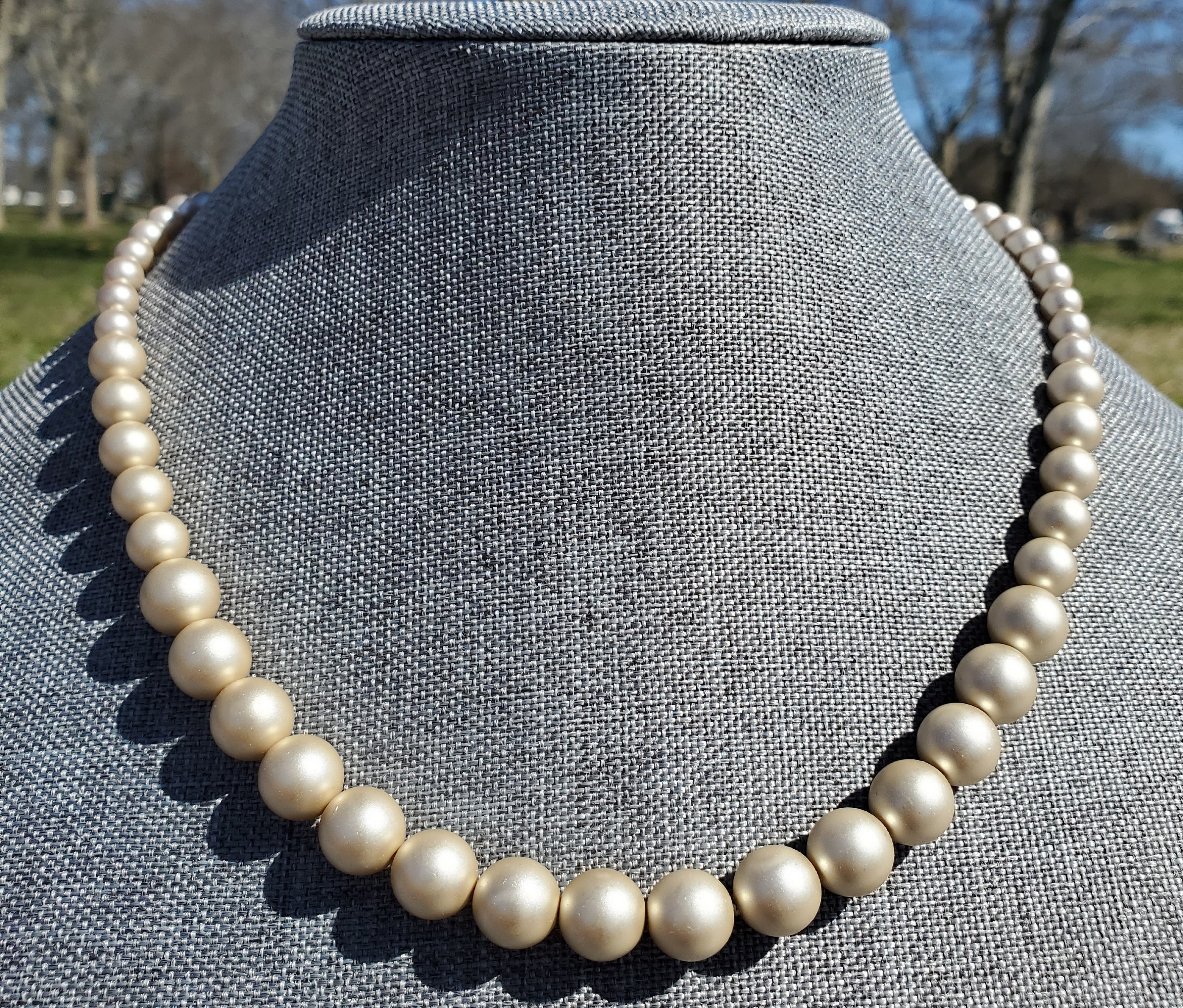 Champagne Faux PEARLS NECKLACE 27” Long Silver Detail Crystals