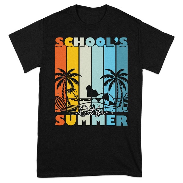 Retro Summer T-Shirt, Colorful Palm Tree Sunset, School's Out Graphic Tee, Beach Style Apparel