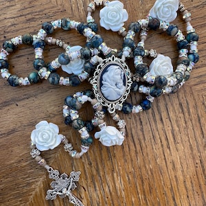 Blue and Tan Sea Sediment Rosary | Our Lady with Child Cameo | Blue Rosary with Rose Beads | Handmade Catholic Gift | Marian Heirloom Rosary